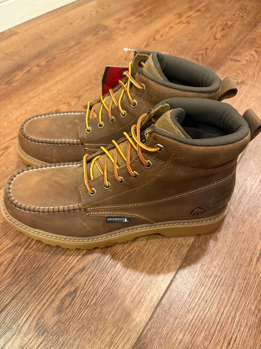 Wolverine Brown Leather Moc Toe Work Boots with Tan Outsole - Picture 3 of 7